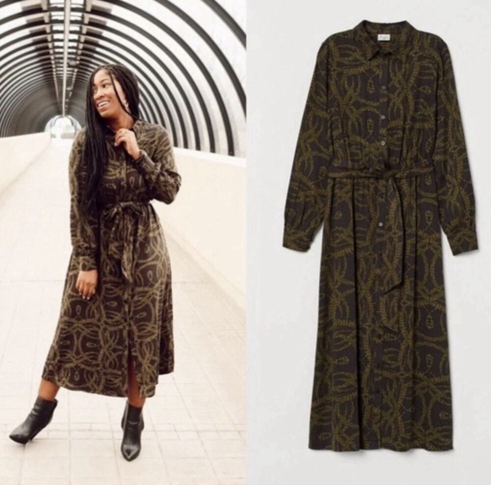 Richard Allan x H&M Shirt Dress Brown Green Printed Pattern Dress Women’s Sz 6